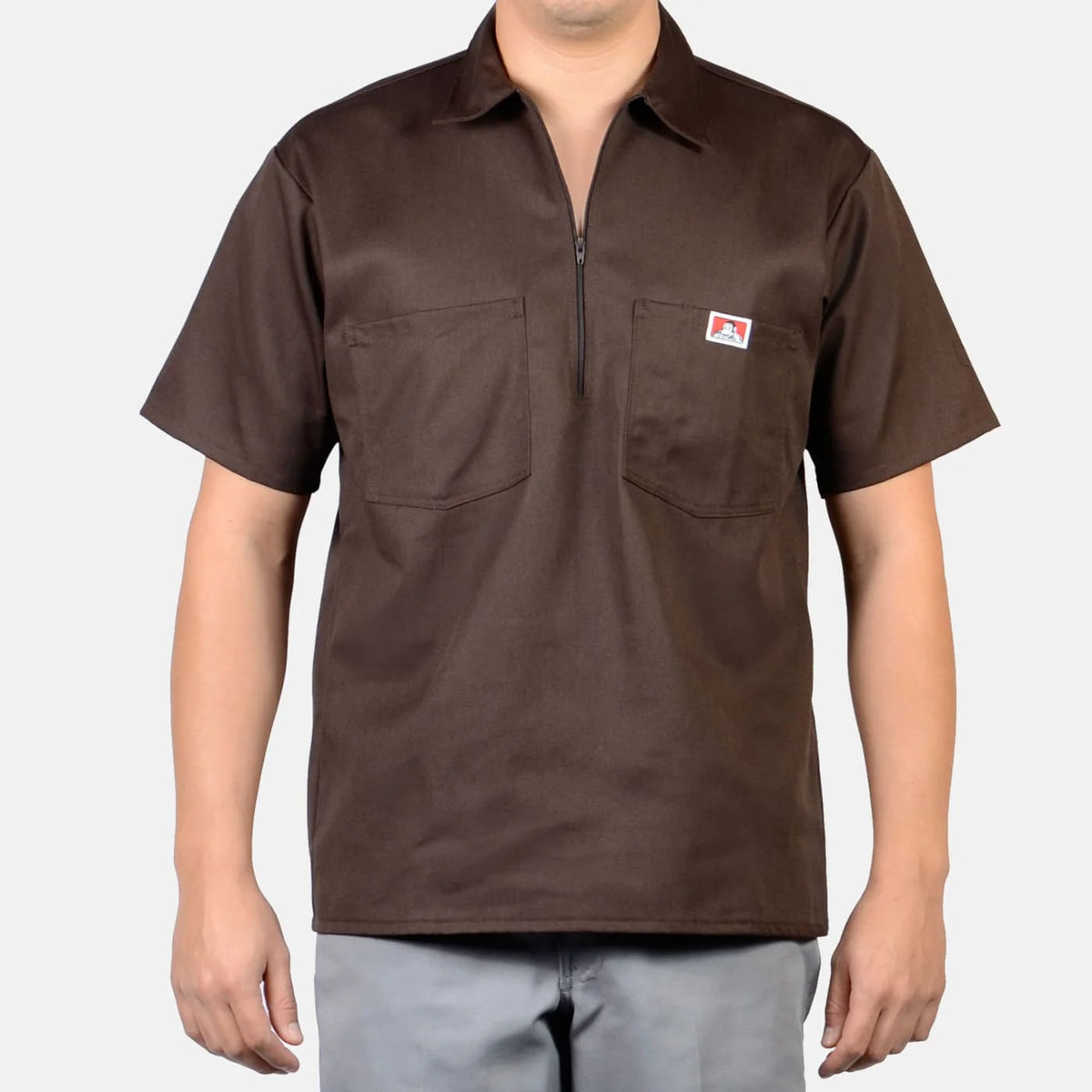Ben Davis Half-Zip short-sleeve work shirt in brown, front view