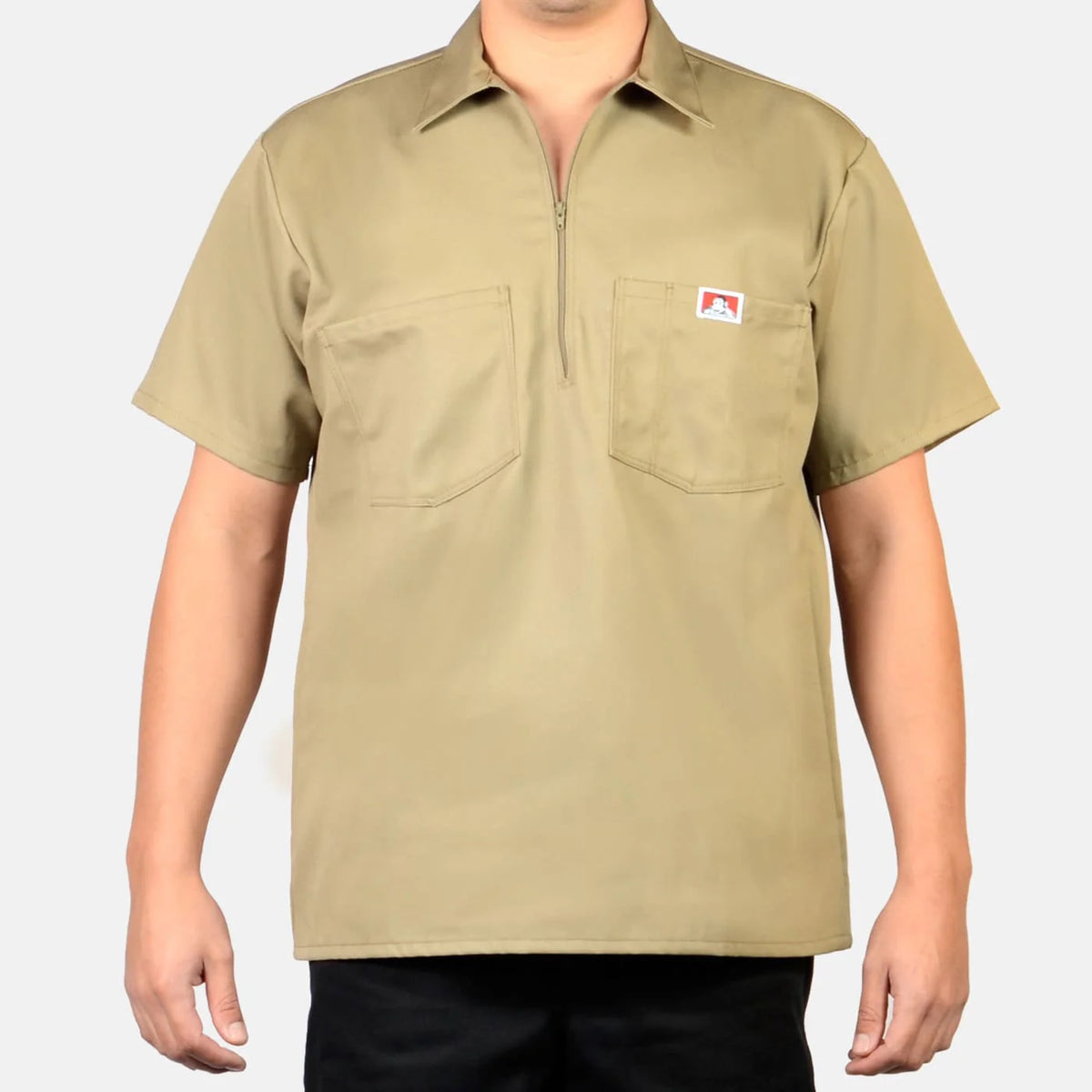 Ben Davis Half-Zip short-sleeve work shirt in khaki, front view