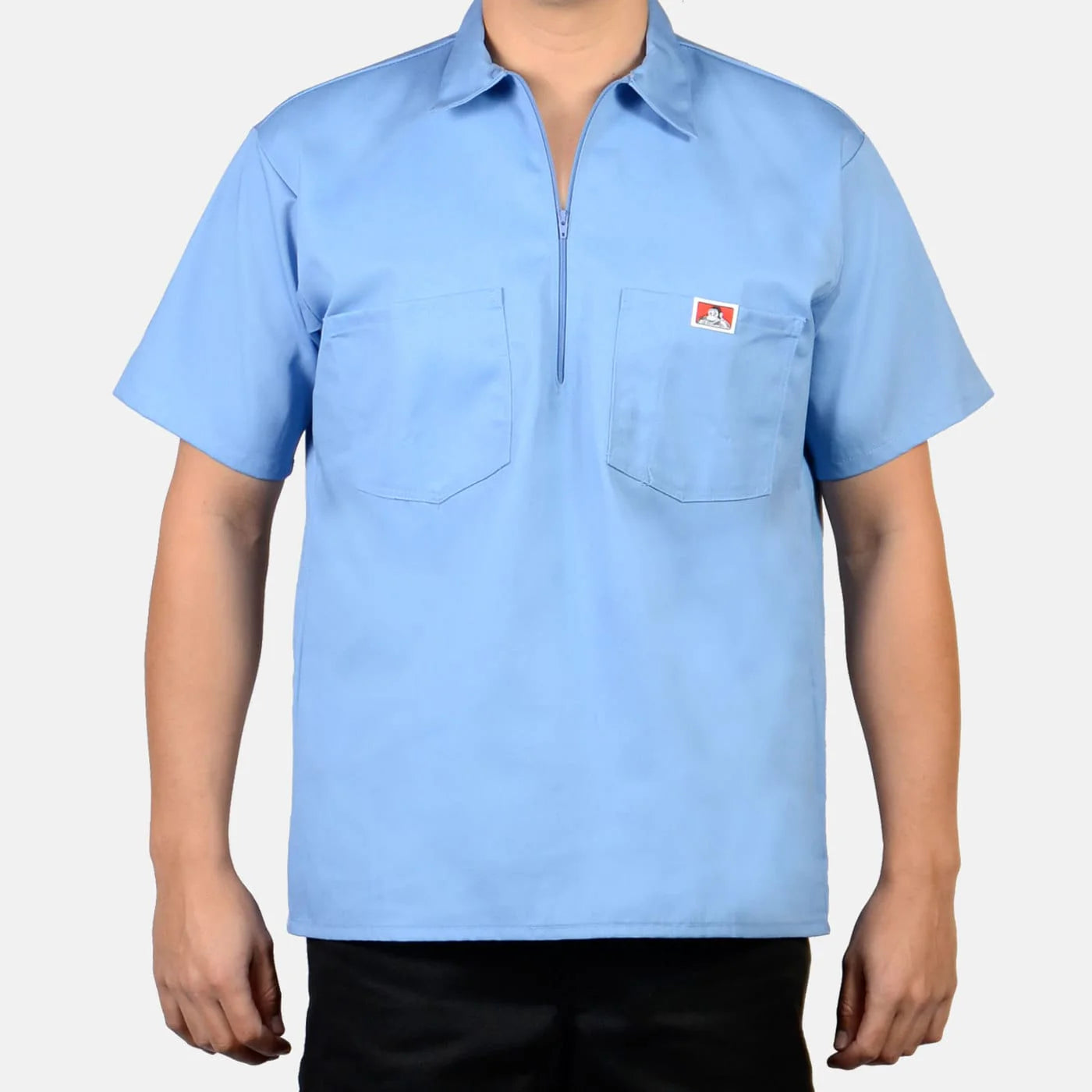 Ben Davis Half-Zip short-sleeve work shirt in light blue, front view