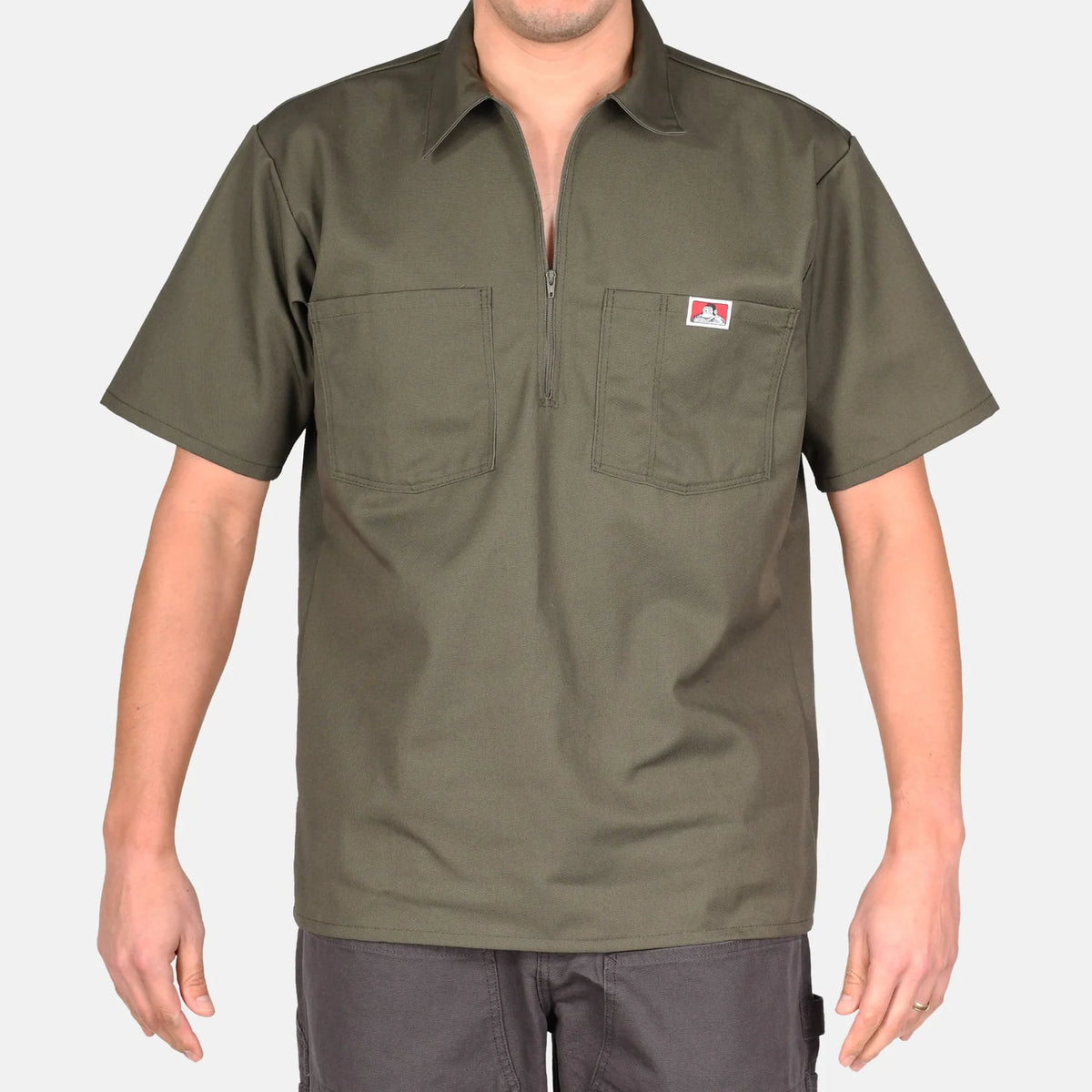 Ben Davis Half-Zip short-sleeve work shirt in olive drab, front view