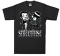 Streetwise The Chase black graphic T-shirt featuring vintage cartoon artwork and an Old English Streetwise logo.