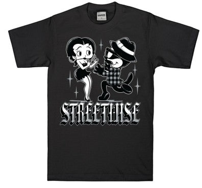 Streetwise The Chase black graphic T-shirt featuring vintage cartoon artwork and an Old English Streetwise logo.
