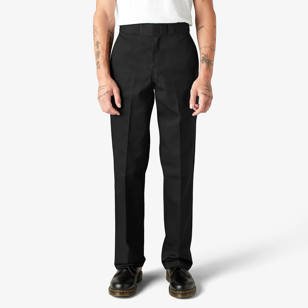 City Of Saints Clothing black Dickies Original 874 work pants on a model with a high-rise waist and straight leg fit.