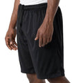 City Of Saints Clothing black polyester mesh athletic shorts with side pockets, elastic waist, and drawstring.