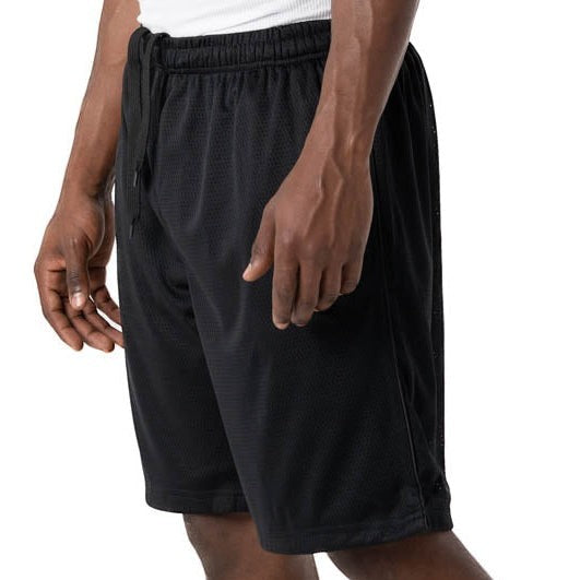 City Of Saints Clothing black polyester mesh athletic shorts with side pockets, elastic waist, and drawstring.