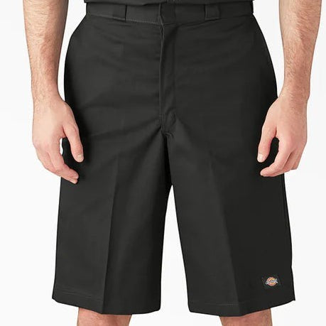 City Of Saints Clothing Dickies black loose fit work shorts with a 13-inch inseam and flat front design.