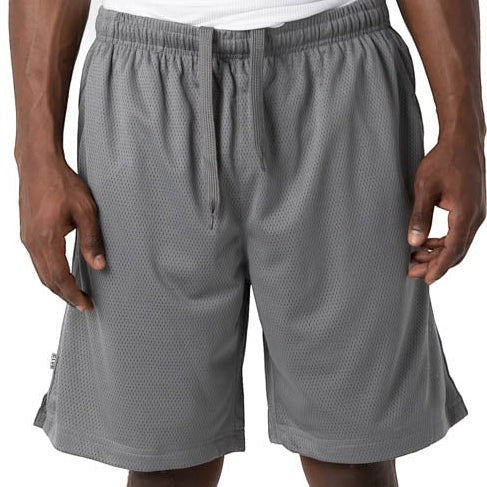 City Of Saints Clothing grey polyester mesh athletic shorts with elastic drawstring waist and relaxed fit