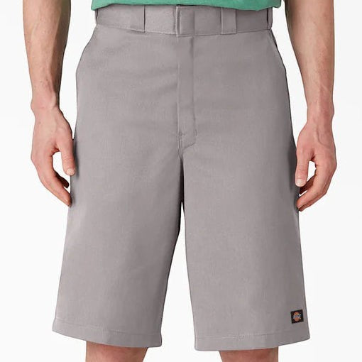 City Of Saints Clothing grey Dickies loose fit flat front work shorts with a 13-inch inseam and utility pocket.