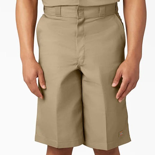 City Of Saints Clothing Dickies men's khaki loose fit work shorts with a 13-inch inseam and flat front design.