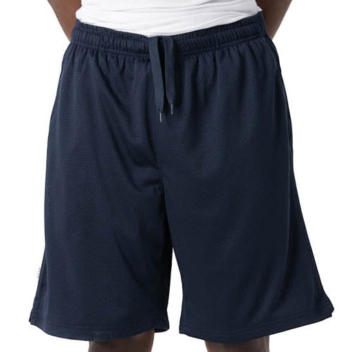 City Of Saints Clothing navy blue polyester mesh athletic shorts with an elastic drawstring waist and relaxed fit.