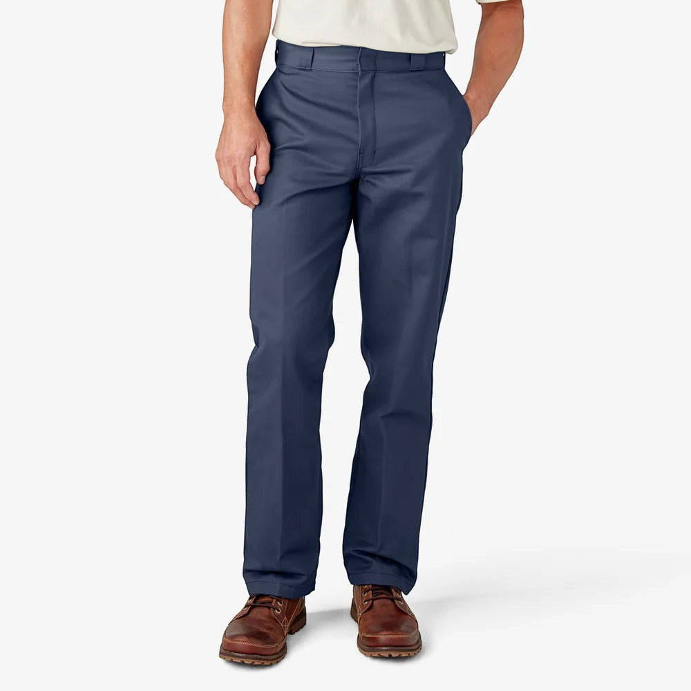 City Of Saints Clothing navy blue Dickies 874 work pants on a man wearing a white shirt and brown leather shoes