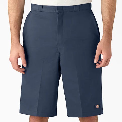 City Of Saints Clothing navy blue Dickies loose fit work shorts with a 13-inch inseam and flat front design.