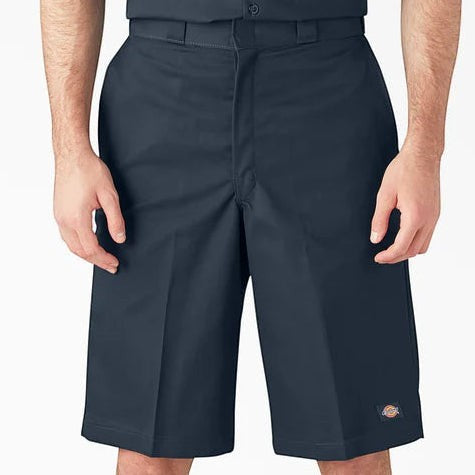 City Of Saints Clothing navy blue Dickies loose fit work shorts with a 13-inch inseam and flat front design.