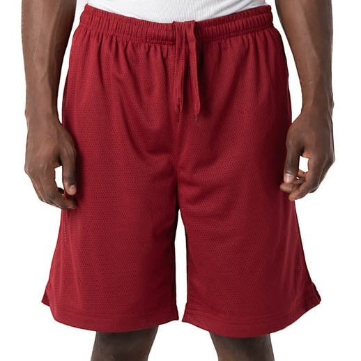 City Of Saints Clothing red polyester mesh athletic shorts with an elastic drawstring waist and relaxed fit.