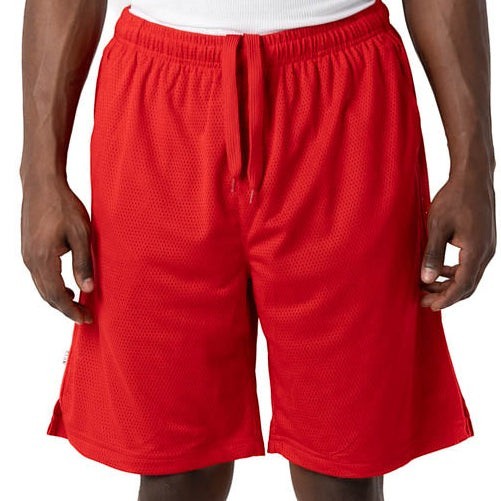 City Of Saints Clothing red polyester mesh athletic shorts with an elastic drawstring waist and side pockets.