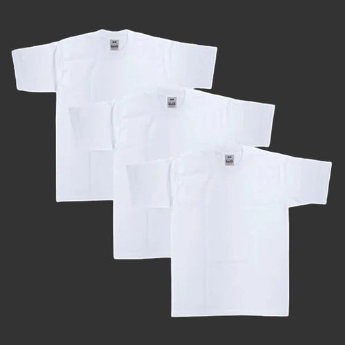 City Of Saints Clothing 3-pack of white heavyweight cotton crew neck t-shirts with durable ribbed collars.